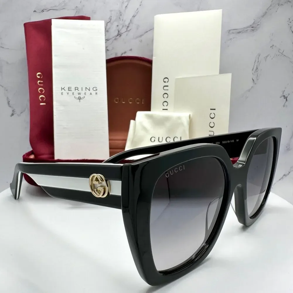 New GUCCI Sunglasses Black Square Gold Metal GG Web Arms Womens Authentic Gucci